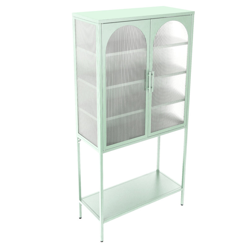 Armoire de salon élégante avec 2 portes arquées en verre et vitrine avec tablettes réglables, Vert menthe