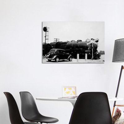 1930s Automobile Stopped at Railroad Grade Crossing with Steam Engine Speeding by 1 Piece Wrapped Canvas Wall Art