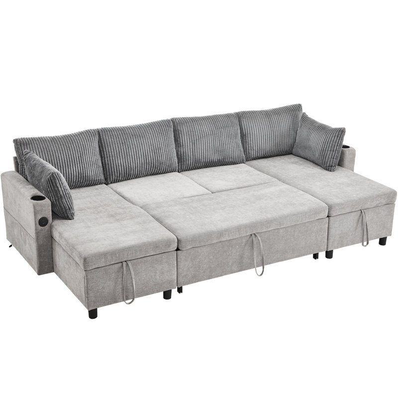 Canapé-lit en chenille de 113,4 po avec grand espace de rangement, deux ports USB et deux porte-gobelets, Gris