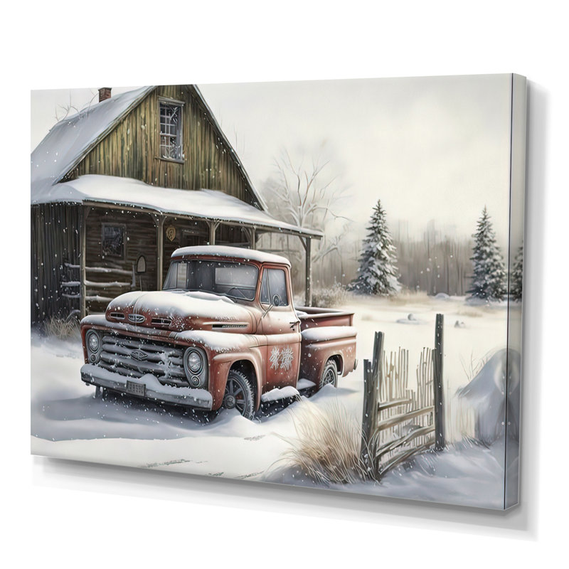 «Old Truck at the Barn in Winter I», peinture sur toile, H 12 po x l 20 po x P 1 po, Toile tendue