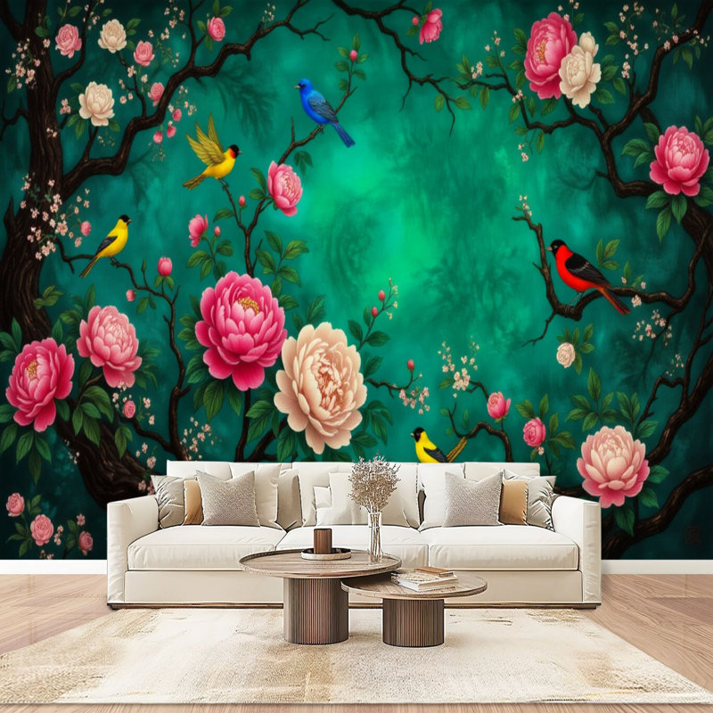 Peler et coller le papier peint adhésif élégant floral oiseau rose roses sarcelle art mural auto-adhésif et amovible