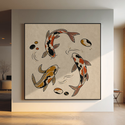 Très grande reproduction d'art sur toile - Cercle de trois poissons Koi avec noir, or et orange pour le salon ou la chambre à coucher - «Assemblage requis du cadre (cadre non fini)»