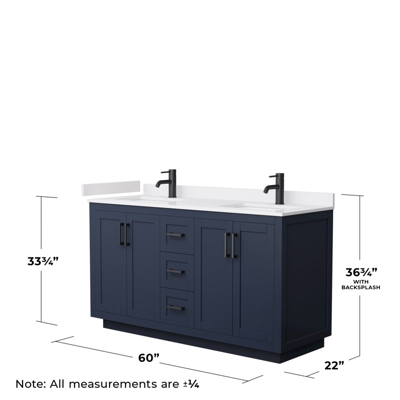 Miranda 60" Dark Blue Double Vanity with White Marble Top and Matte Black Trim