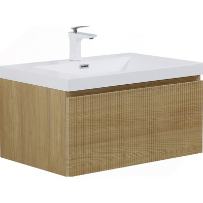 Meuble-lavabo mural flottant avec lavabo, armoire de rangement murale moderne avec tiroir à fermeture en douceur, idéale pour les salles de bain compactes et élégantes.