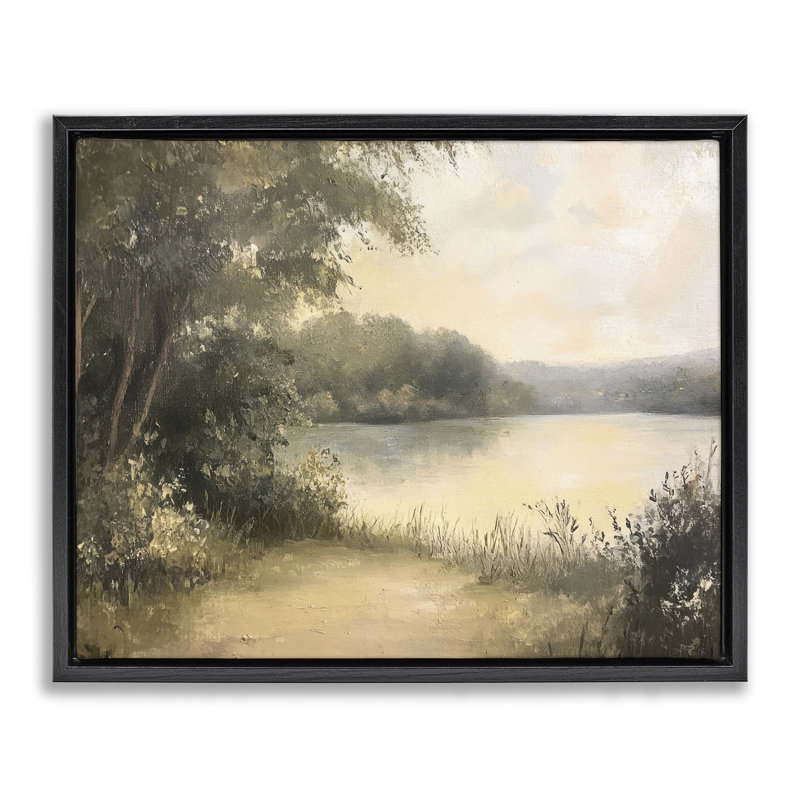 Cadre flottant Shore of Peaceful Lake, design par Petal Prints Design, H 25 po x l 31 po, Cadre flottant noir de jais
