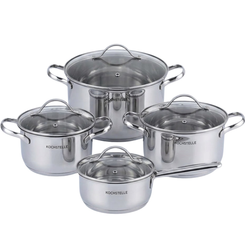 Batterie de cuisine en acier inoxydable 18/10 avec couvercle en verre 8 pièces Kochstelle, compatible avec l'induction
