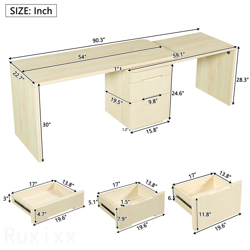 Bureau moderne en L 90 po en bois naturel avec 3 tiroirs, bureau pivotant à 360 ° en bois, bureau de direction, bureau d'angle, bureau d'étude, pour le bureau à domicile ou le salon