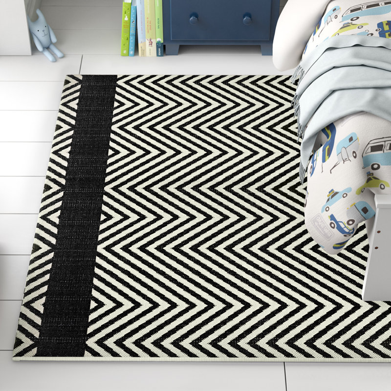 Optica Chevron With End Borders Indoor and Outdoor Area Rug, Rectangle 8' x 10', Black/Beige