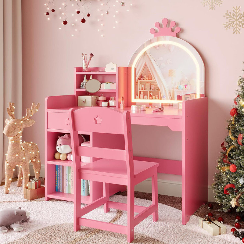 Kids Vanity Table with Mirror & Lights, Pink Makeup Desk with Drawer & Storage Shelves, Pink