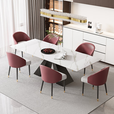 94.5”  Extendable Dining Table Set With Rectangular Sintered Stone Top And 6 Faux Leather Chairs