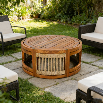 27.95" Acacia Wood Outdoor Coffee Table - Handwoven Rope Accent Boho Patio Table with All-Weather Durability