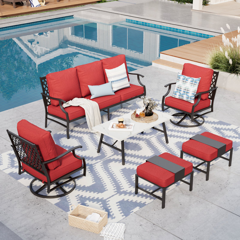 Asfand 5-Person Metal Patio Conversation Set with Swivel Lounge Chairs, Cushion Pro Red Performance, Yes