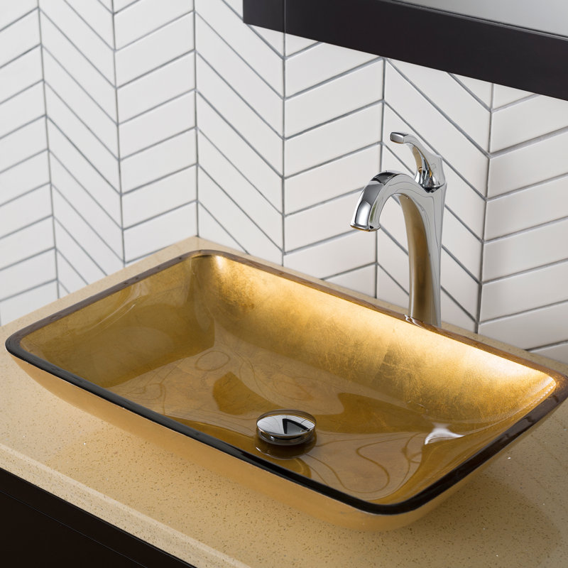 Lavabo de salle de bain vasque rectangulaire en verre avec robinet, Chrome, Or