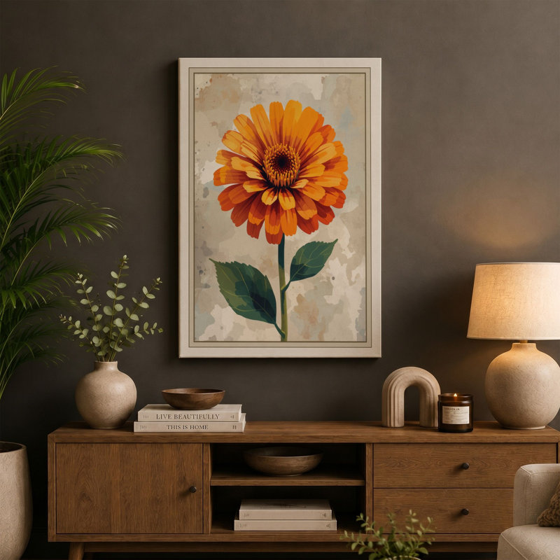 Single Stem in Gold Botanical - Wrapped Canvas, 18x12 - 45.7 x 30.5 cm, Taupe Border