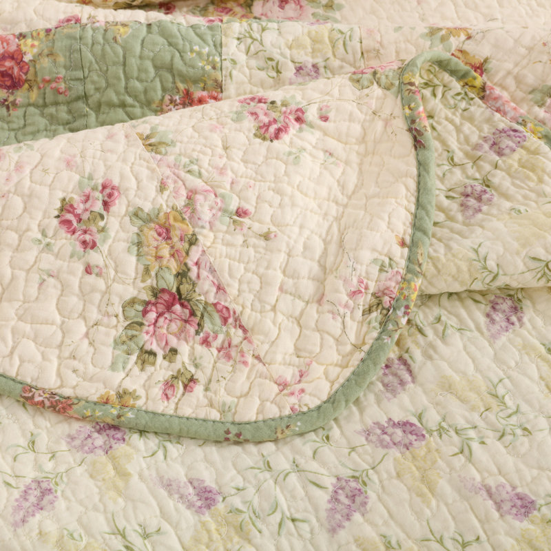 Ivory and Sage Floral Patchwork Cotton Throw Blanket