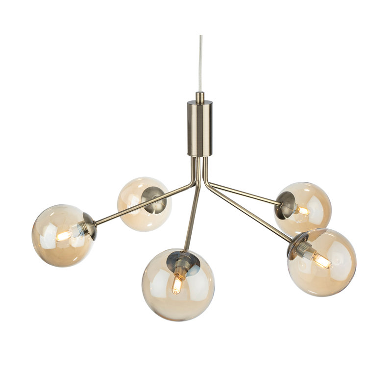 5 - Light Sputnik Chandelier, Antique Brass, Antique Brass, Amber