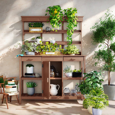 Large Outdoor Farmhouse Wooden Potting Bench Table With 2 Drawers, A Cabinet And Open Shelves