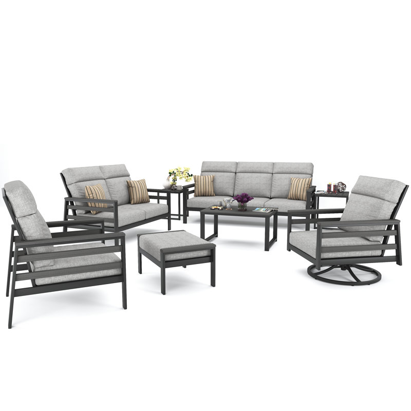 Ortez 7 Person Seating Group With Sunbrella Cushions, Canvas Granite, Dark Gray/Brown
