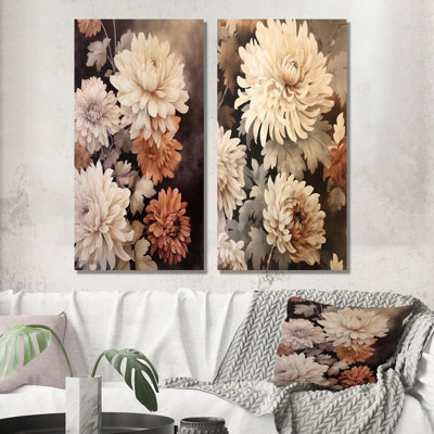 Vintage Beige Chrysanthemums Symphony - Chrysanthemums Canvas Wall Art Set Of 2
