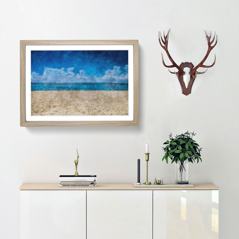 Beach In Mexico - Single Picture Frame Painting on MDF, 62cm H x 87cm W x 2cm D, Oak