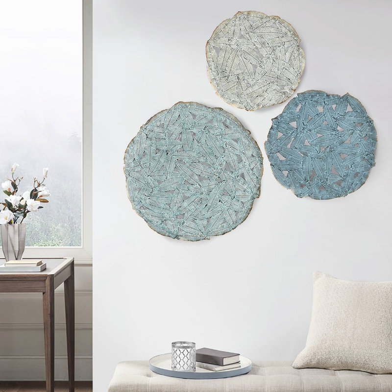 Décoration murale bleue en forme de plume texturée à 3 disques en métal - 20 po, 17,25 po, 14,25 po, pour une utilisation intérieure