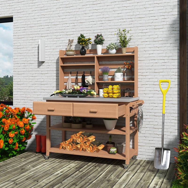 Table de rempotage d'extérieur en bois massif avec roues verrouillables, îlot de cuisine extérieur avec huche supérieure, plateau en acier inoxydable, porte-serviettes, gris-bleu