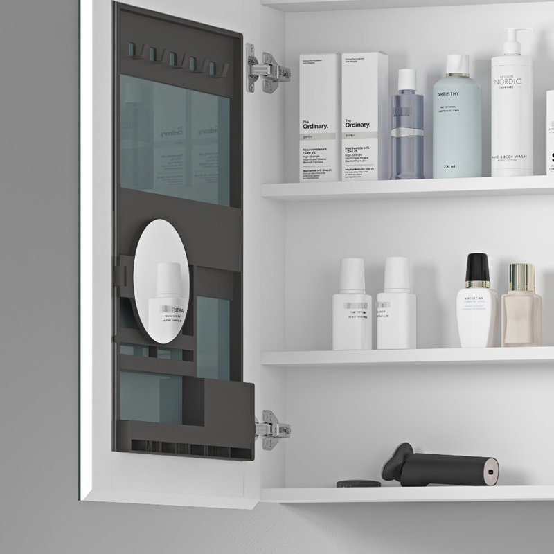 Armoire pour miroir de salle de bain l 36 po x H 26 po, style biseauté, compartiment intérieur spacieux, visière, charnière de porte, bois d'ingénierie, miroir de pharmacie blanc, intérieur, reflet HD,