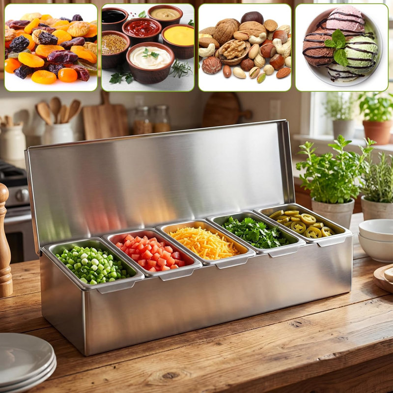 Plateau à condiments réfrigérés à 5 compartiments en acier inoxydable, plateau à garniture avec 5 compartiments amovibles, distributeur de condiments avec couvercle, contenants à fruits