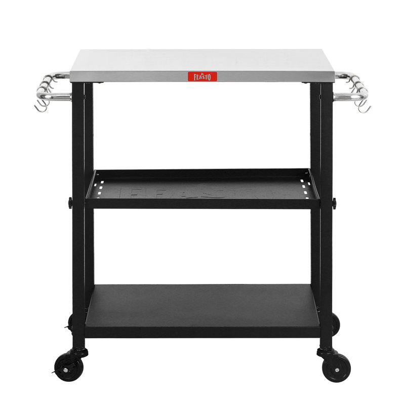 Adjustable 3-Tier Black and Stainless Steel Outdoor Grill Cart
