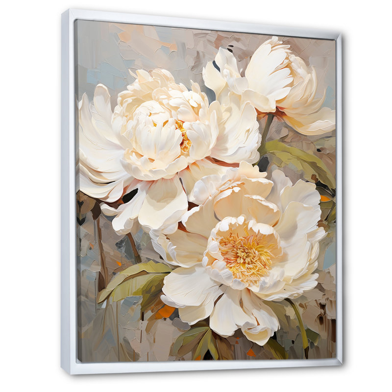 «Beige fragrant pivoine» sur toile, H 40 po x l 30 po x P 1,5 po, Cadre flottant blanc