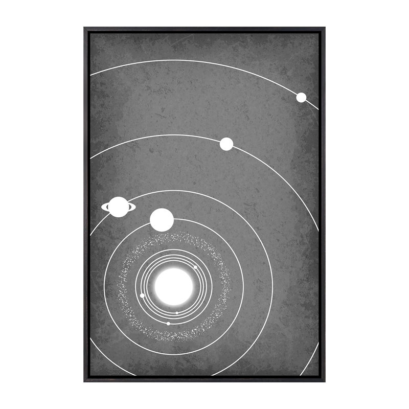 Système solaire minimaliste III - impression, Toile avec cadre noir patiné, Pas de tapis, H 26 po x l 18 po x 1,5 po