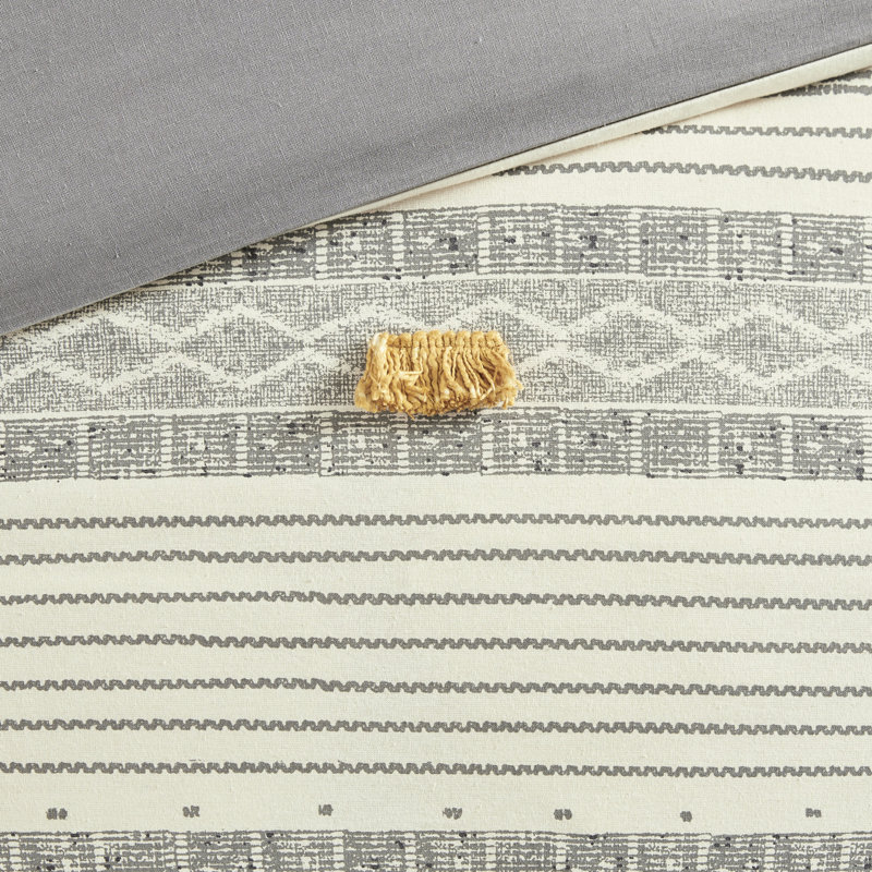 Édredon gris / jaune double, coton avec imprimé rayé et rembourrage, literie élégante en gris / jaune, bordure, hypnotisant