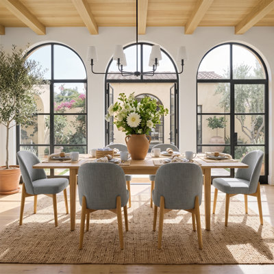 7 Piece Natural Wood Extendable Dining Set with Upholstered Chairs