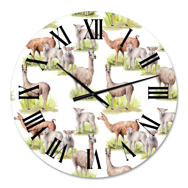 Lamas et agneaux sur un pré vert - horloge murale de ferme, Petit