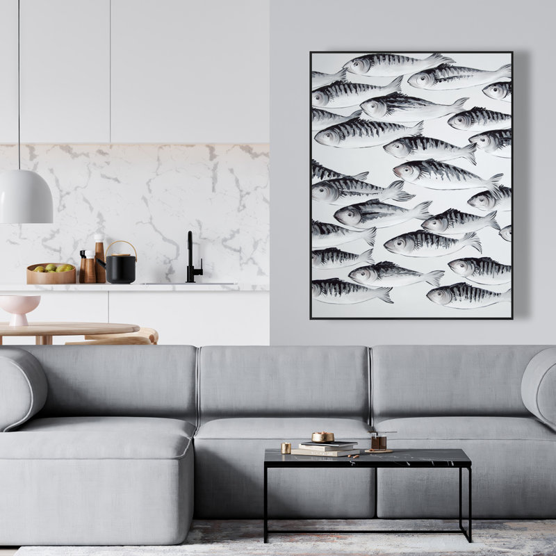 «Gray School of Fish» - Toile encadrée blanc mer