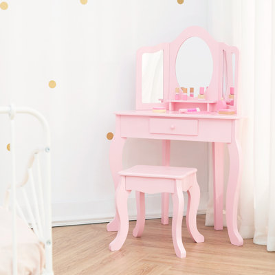Teamson Kids Little Princess Corner Pink Play Vanity Table & Stool with Tri-Fold Mirror by Teamson Kids
