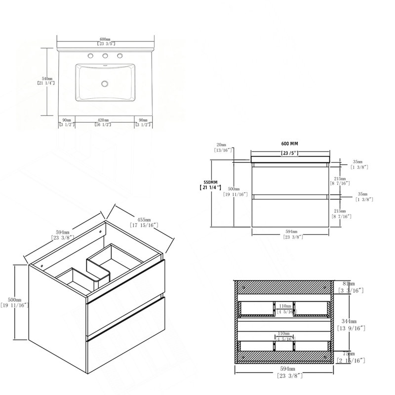Meuble-lavabo suspendu de 61 cm avec lavabo, tiroir à fermeture amortie, comptoir et dosseret en marbre synthétique blanc granité de 5 cm, contreplaqué