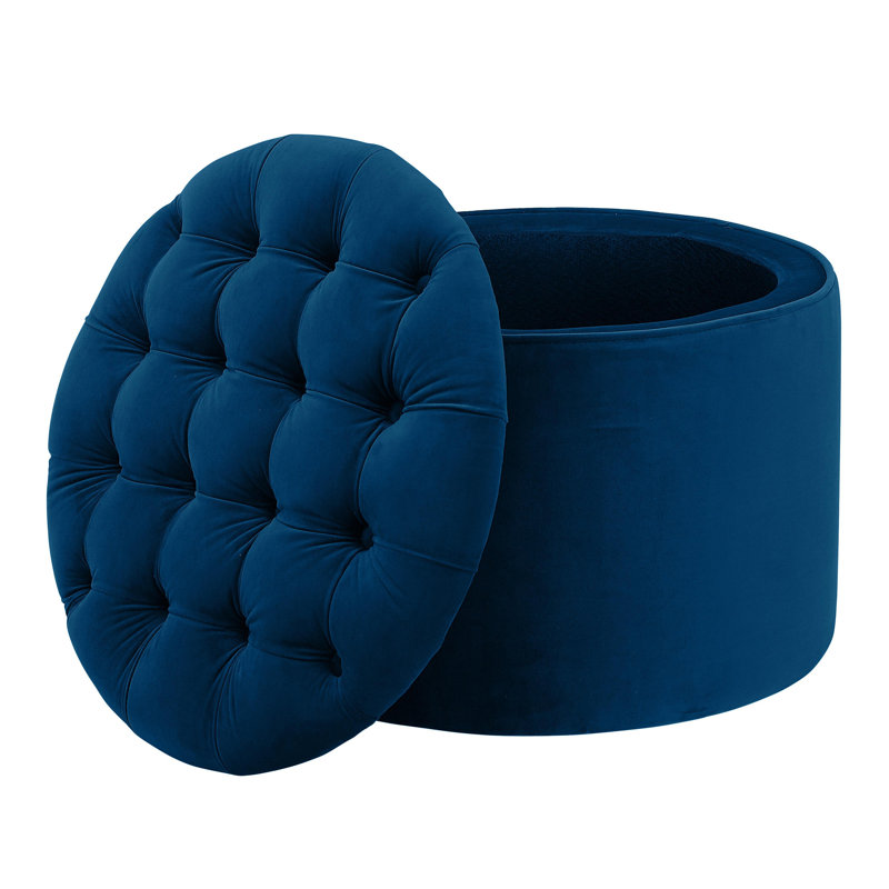 Repose-pieds rond avec rangement en velours Alvin, Velours bleu marine