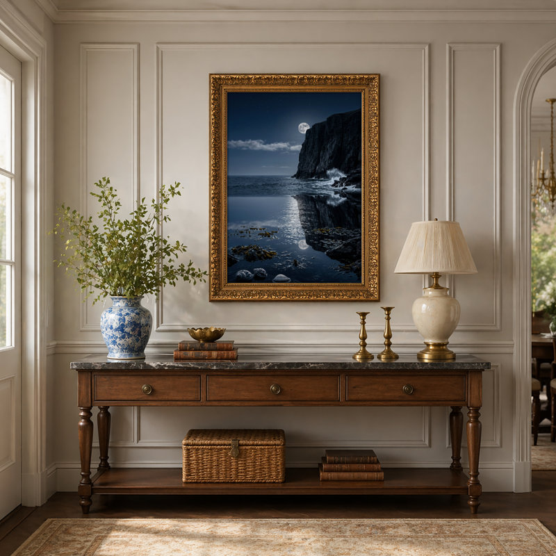 Art mural en toile noyer doré encadré pour le salon, la chambre à coucher, le bureau ou le vestibule - décoration murale décorative avec côte au clair de lune