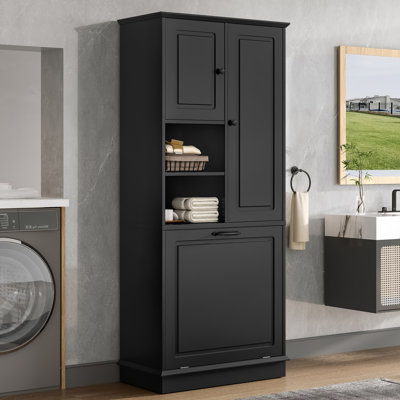 Tall Storage Cabinet With Adjustable Shelves, Large Flip-Out Basket & Enclosed Cabinets – Perfect For Bathroom, Living Room, Or Office, MDF Material With Aluminum Alloy Handles