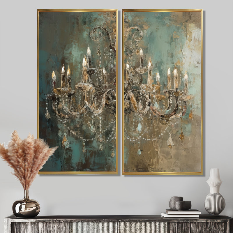 Grand chandelier «Vitrine III», 40" H x 40" W, Impression encadrée flottante, Gold