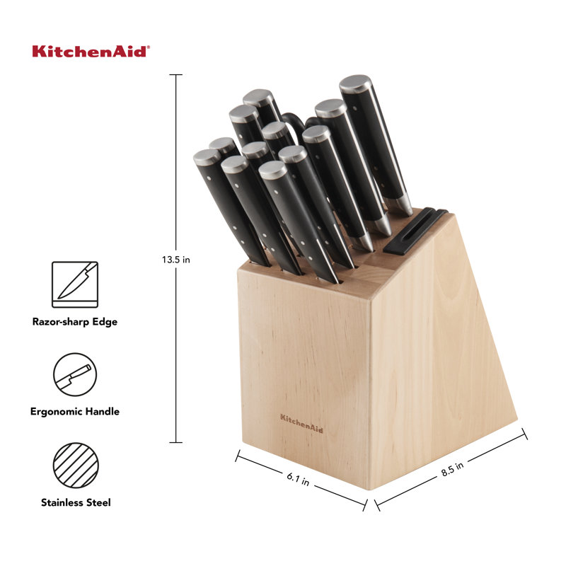 14-Piece Black and Birch Japanese Steel Knife Set with Block