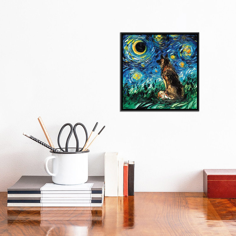 «German Shepherd Night» par Aja Treves - reproduction d'art, H 12 po x l 12 po x P 1,5 po, Toile avec cadre noir
