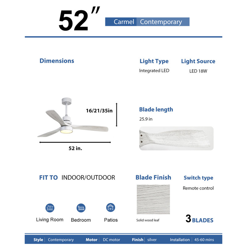 Modern 52" Silver Ceiling Fan With Light – Quiet DC Motor & Remote Control
