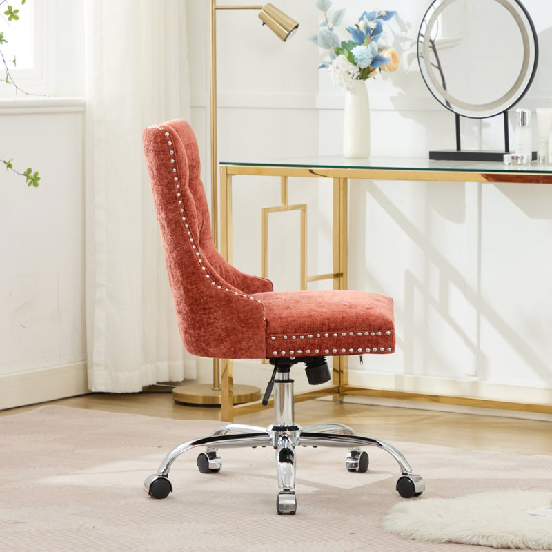Chaise de bureau en chenille orange de conception américaine, boutons, base en métal, pivot réglable, éponge à rebond élevé, garniture cloutée fabriquée à la main, bouton rembourré moderne idéal pour l'espace d'étude