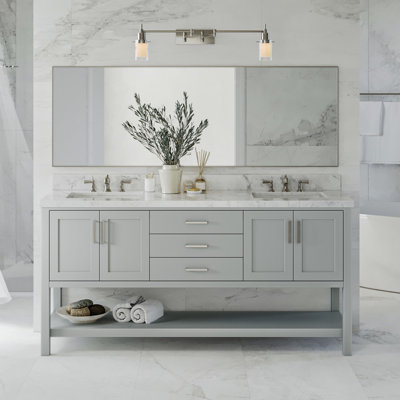 Ensemble de meuble-lavabo double 73 po avec plateau en marbre de Carrare italien Moille, 73 po Moille