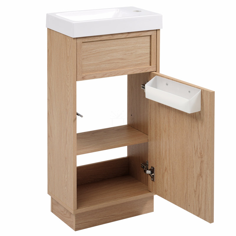 15.75" Bathroom Vanity With Reversible Resin Sink, Mdf Cabinet With Adjustable Shelf And Push-To-Open Door, Wood Grain Melamine Finish, Reversible Door, Rustic Style