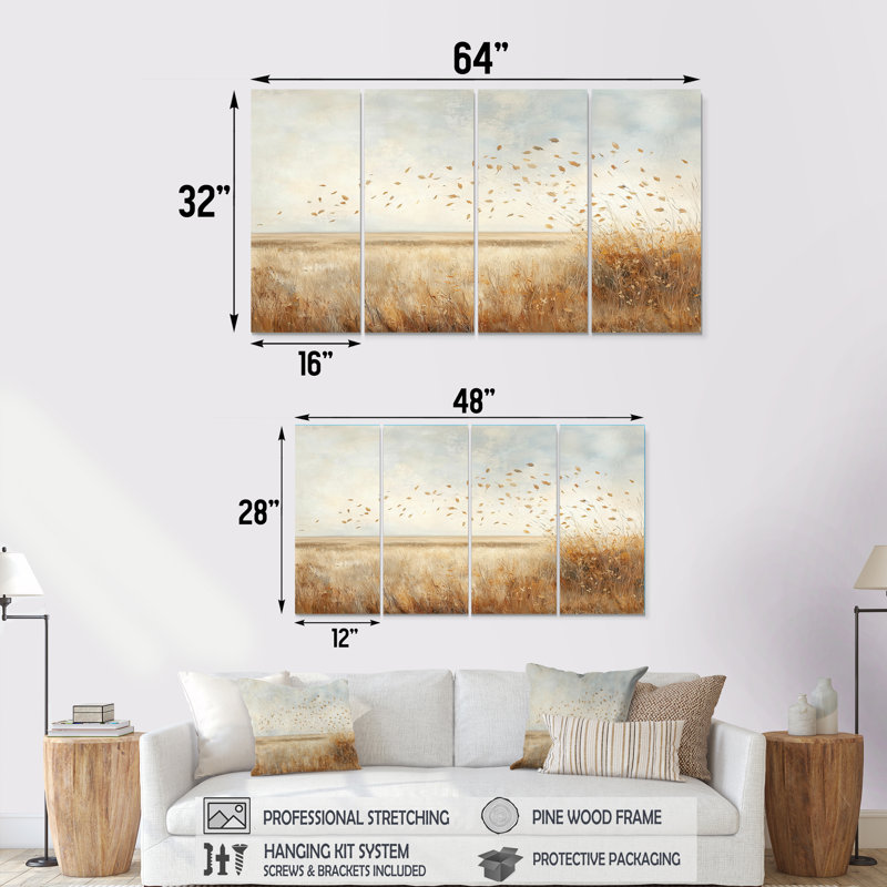 «Meadow Windy Prairie Leaves III» - Art mural venteux - Art mural traditionnel sur toile, 4, H 28 po x l 48 po