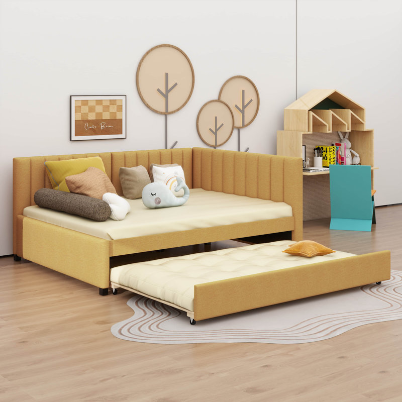 A Full-Sized Upholstered Daybed Incorporating A Built-In Trundle Bed, Yellow
