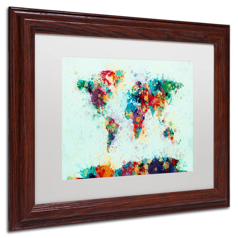« world map paint », impression encadrée, H 11 po x l 14 po x P 0,5 po, Encadrement brun, Blanc